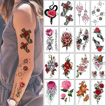 12Pcs/Daug rožių kryžiaus gėlių snake tatuiruotės lipdukas mažo dydžio rankos pirštą, tatuiruotė, vandens perdavimo mielas, seksualus body art decal spalvų rinkinys