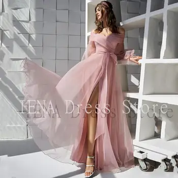 14260#Elegantiškas Blush Pink Linijos, Satino Ir Tiulio Promenadzie Suknelė Brangioji Ilgai Reljefiniai Rankovėmis Vakare Chalatai Aukštos Ritininės Šalis Suknelės