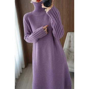2022 m. 100 naujų grynos vilnos rudens/žiemos midskirt spalva dot aukšto kaklo megztinis suknelė su storas mezgimas bazės sijonas