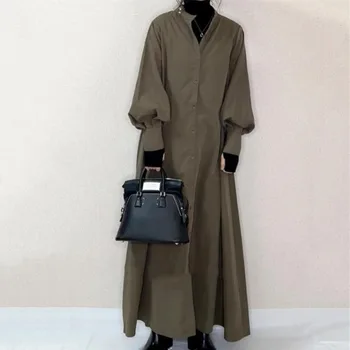 2022 M. Pavasarį, Rudenį, Japonijos, Korėjos Stiliaus Paprastų Stiliaus, Žalios Spalvos Ilgomis Rankovėmis Moterims Maxi Ilga Suknelė Moterims Cadigans Suknelės
