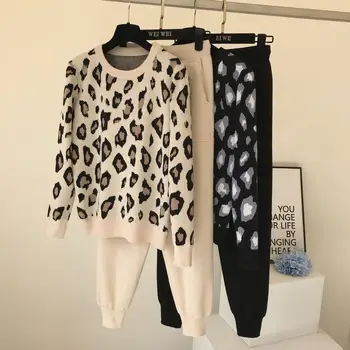 2022 m. rudens ir žiemos naujas leopard print megztinis ilgomis rankovėmis apvalios kaklo megzti megztinis palaidinė paprasta koja kelnės kostiumas