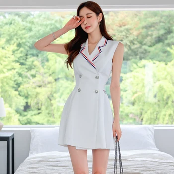 2022 M. Vasarą Naujų Korėjos Stiliaus Temperamentas Spalvų Atitikimo Įpjovomis Apykaklės Dvigubo Breasted Papuošti Profesinės Suknelė