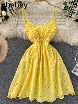 2022 M. Vasarą Naujų Saldus Dirželis Suknelė Tuščiaviduriai Iš Siuvinėjimo Garbanojimo Backless Moterų Holiday Beach Suknelė Elegantiškos Mados Suknelė