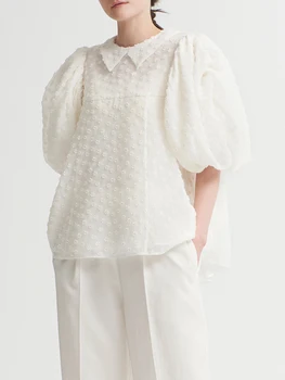 2022 Nauja Pavasario Vasaros Moterų Saldus Gėlių Spausdinti Atvartas Prarasti Palaidinė Japonija Stiliaus Elegantiškas OLIS Sluoksniuotos Rankovėmis Marškinėliai Femme Viršūnės