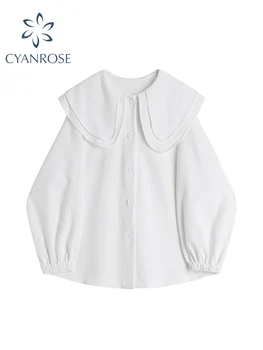 2022 Naujas Mados Moterų Balta Palaidinė Saldus Peter Pan Apykaklės Rudenį Korėjos Stiliaus Marškiniai Ilgomis Rankovėmis Elegantiška Vintage Marškinėliai, Topai