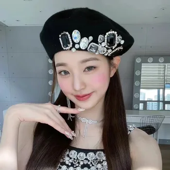 2022 naujas Zhang Yuanying paties stiliaus beretė korėjos versija Japonų vilnos bud bžūp rankų darbo kalnų krištolas ive vilnos kepurė