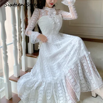 2023 Naujas Moters Suknelė Baltos spalvos Nėrinių Kratinys ilgomis Rankovėmis Saldus Atsitiktinis Maxi Suknelė Moteriška Šalis Rudenį Vestido Duobute Mygtuką