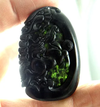 52*35Wholesale gamtos Kinijos juodas žalias akmuo ranka raižyti statula Drakonas ir Feniksas amuletas pakabukas karoliai, Papuošalai Priėmimo