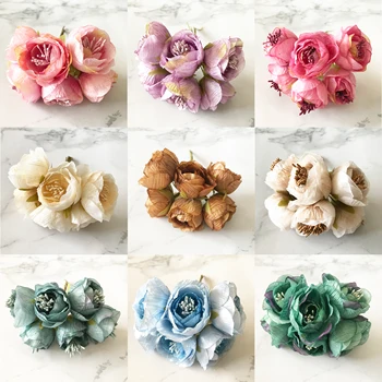 6pcs šilko maži arbatos pumpurai, rožių puokštė dirbtinės gėlės namuose vestuvių dekoro priedai 