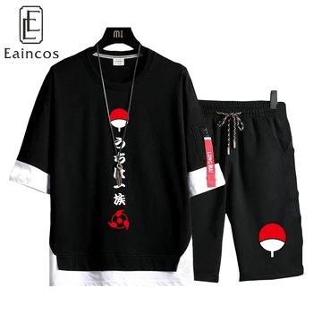 Anime T-Shirt Itachi Cosplay Kostiumas Juodas Trumpas Rankovės Mados Sharingan Kostiumai Kostiumas