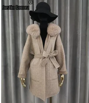 Aukščiausios Kokybės High-end Šiltas Prabanga Outwear Elegantiškas Moteriškas Paltas Natūrali Lapės Kailio Apykaklė Streetwear Kašmyro Vilnos Paltas Su Diržu