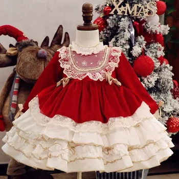 Baby Girl Rudens Žiemos Raudonos Aksomo Derliaus ispanijos Pompom Kamuolys Princesė Lolita Dress Kalėdų Gimtadienis