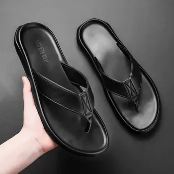 Coslony šlepetės vyrams viršų batų prekės ženklai oda, aukštos kokybės juodas dryžuotas vasaros šlepetės minkštas flip flop vyrų pabėgiai bateliai vyrai