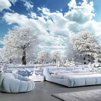 Custom Freskos Miškų Didelis Medis Baltas Elnias Žiemos Sniego Kraštovaizdžiu 3D Foto Tapetai Gyvenimo Kambario, Miegamasis Fone Sienų Tapyba