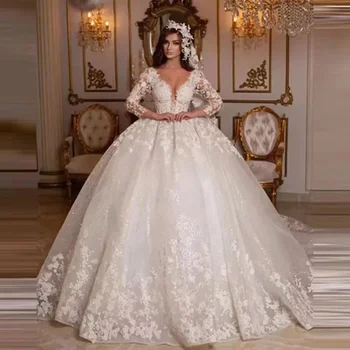 Derliaus 2022 Nėrinių Vestuvių Suknelės Princesė Kamuolys Suknelė Duobute Vestuvinės Suknelės Shinny Tiulio Ilgomis Rankovėmis Dramblio Kaulo Dubajus Santuokos Suknelė