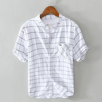 Dizaineris nauja grynos medvilnės pledas marškiniai vyrams trumparankoviai prekės pledas marškiniai vyrams, atsitiktinis stovėti apykaklės top mens chemise camisas