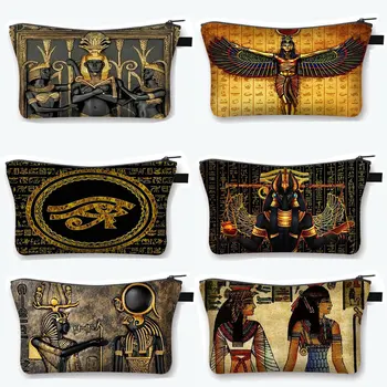 Egipto Menas Spausdinti Kosmetikos Atveju Moterų Makiažas Krepšiai Egipto Faraonas Anubis, Tualetinių Reikmenų Krepšys Mažos Rankinės Lūpų Turėtojas Kosmetikos Krepšys