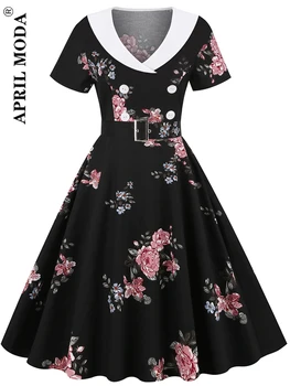 Elegantiškas Gėlių Spausdinti 50s Ilgai Blyksnius Juodos Suknelės, Šaliai, Derliaus Skara Apykaklės dvieiliai Moterų Medvilnės Linija Hepburn Suknelė