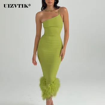 Elegantiškas Plunksnos Midi Bodycon Vasaros Suknelės Moterims 2022 Drabužius Suknelė be Rankovių Šalies Klubas Nesimetriškas Ilga Suknelė Vestido
