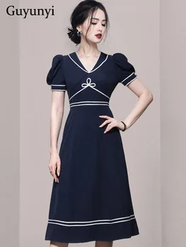 Elegantiškas Šalis Suknelė 2022 M. Vasarą Navy Blue Paprastas V-Kaklo Sluoksniuotos Rankovėmis Aukštos Juosmens Temperamentas-Line Suknelė Moterims