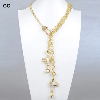 GG Papuošalai Natūralių Gėlavandenių Baltųjų Laisvas Keshi Perlų, Aukso spalvos, Padengtą Lariat Grandinės Karoliai Moterims
