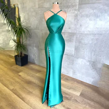 Green Satino Undinė Oficialią Vakaro Suknelės Pusės Split Spagečiai Dirželiai Grindų Ilgis Prom Chalatai Vestidos Elegantes Para Mujer