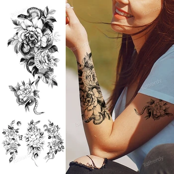 gyvatė gėlės laikina tatuiruotė moterys, merginos, vyrai netikrą tatuiruotę, rankovės raištį ant riešo underboob kūno tatuiruotės seksualus body art juoda