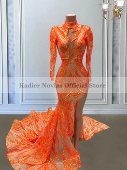 Ilgomis Rankovėmis Orange Undinė Prom Dresses su Split Aukšto Kaklo China Nėrinių Valymo Traukinio Vakare Gown Vestido De Fiesta