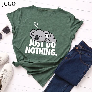 JCGO Moterų marškinėliai Vasaros trumpomis Rankovėmis 100% Medvilnė, Universalus S-5XL Negabaritinių Mielas Koala Spausdinti Atsitiktinis Tee Viršūnes, O Kaklo Lady tshirts