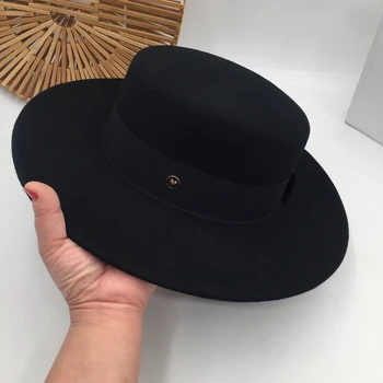 Juoda flat top vilnonių skrybėlę, moteris panele, retro laukinių didelis skrybėlę, džiazo skrybėlę fedoras Panama