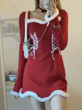 Kalėdų Suknelė Moterims Balta Raudona Juoda Aikštėje Kailio apykakle ilgomis Rankovėmis Nėriniai-up Megzti Suknelę Saldus megztinis Princesė Sijonai