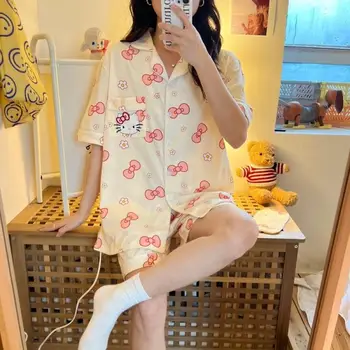 Kawaii Pižama Moterų Animacinių Filmų Sanrio Hello Kitty Pižama Nustatyti Vasaros Laisvalaikio Plonas Trumpas Rankovės Anime Katytė Loungewear 2 Dalių Komplektas
