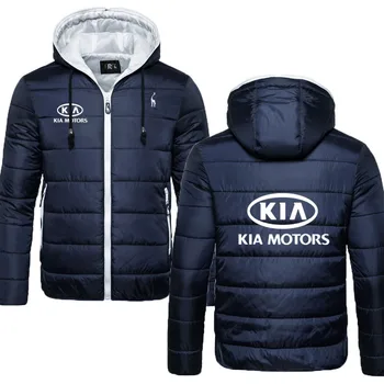 Kontrastingos spalvos vyriški prekės parko paltai Kia automobilių logotipas spausdinti Žiemos vyriška pūkinė striukė Lauko vėjo stora šilta vyriška striukė