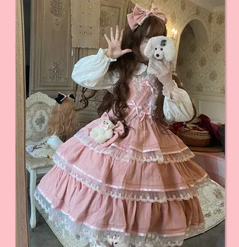 Lolita Groži Cute Little Bear Multi-layer Nėrinių Cupcake Suknelė Saldus Mergina Spalvingas Princesė Žakardo Suspender Suknelė jsk Kawaii