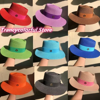 Macaron spalvos šiaudų skrybėlę M logotipas saulės skrybėlę naujas nelygus skrybėlę viršuje korėjos mados elastinės juostelės viršų skrybėlę paplūdimio skrybėlę saldainiai spalvos skrybėlę nuo saulės