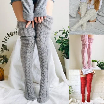 Mados namų megztos kojinės virš kelio ilgas vamzdis vientisų spalvų pliušinis kojines ilgas, šiltas, seksualus krūva kojinių juodos pėdos šiltesnis žiemą