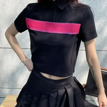 Mados Prekės Ženklo Naujų Korėjos Neon Dryžuotas Kratinys Atvartas, Trumparankoviai Marškinėliai Nišą Dizaino Trumpas Juodas Baltas Polo Trumpomis Viršų
