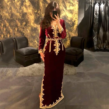Marokas Caftan Vakaro Suknelės 2022 V Kaklo Undinė Prom Aksomo Suknelė Ilgomis Rankovėmis Oficialią Vakaro Šalis Suknelė