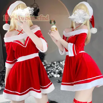 Moterų Kalėdų Ponia Santa Claus Cosplay Kostiumų Žiemos Off Peties Suknelė su Skrybėle Seksualus apatinis Trikotažas Vienodas