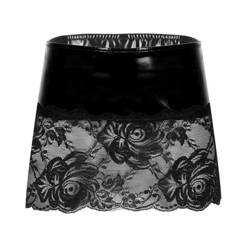 Moterų Sexy Bodycon Micro Sijonai, permatomas Nėrinių Kratinys Lakinės Odos Miniskirt Žemo Liemens Sijonas Moterų Clubwear naktiniai drabužiai