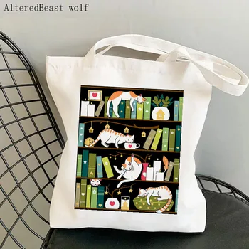 Moterų Shopper bag kačių knygą Atspausdinti Kawaii Maišelį Harajuku Pirkinių Drobės Shopper Bag mergina rankinę Nešti Peties Lady Krepšys