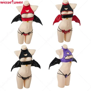 Moterų Spalvotų Tamsiai Velnias Dantų Modelio Aukšto Kaklo, Atvira Krūtinės Dviejų dalių Bikini Komplektas apatinis Trikotažas Kostiumas su Plaukų Žiedas+ Šikšnosparnių Sparnus