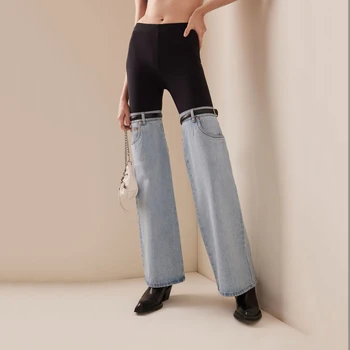 Multi-kišenės, diržas papuoštas elastinga aukštos juosmens sujungimas liesas džinsus y2k temperamentas vyresnysis ponios džinsai, sumaišyti flare kelnės