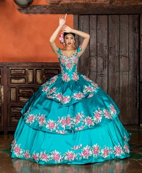 Mėlyna Charro Quinceanera Suknelės Kamuolys Suknelė Brangioji Satino Pakopų Appliques Meksikos Saldus 16 Suknelės 15 Anos
