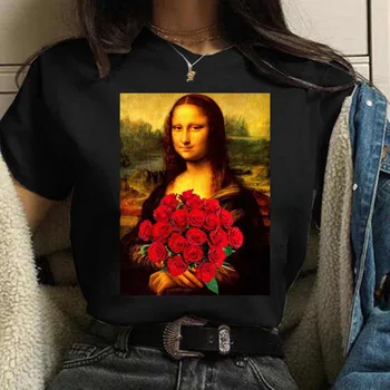 Naujas Mona Lisa Spausdinti Moterų Mados Top Funny Rose 