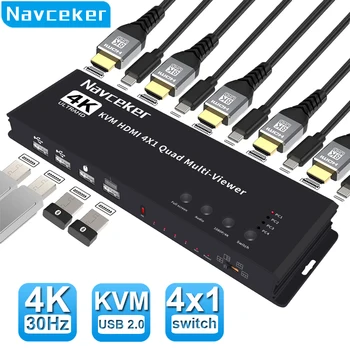 Navceker KVM HDMI suderinamus Multiviewer 4K 4 In 1 Out 1080P Quad Ekranas Multi Viewer HDMI Multi-Viewer Sklandų Jungiklis su ir SPINDULIŲ
