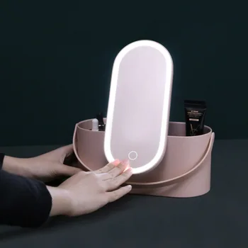 Nešiojamų Kelionių Makiažas Kosmetikos Organizatorius Makiažas Organizatorius Dėžutė su LED Šviesos Veidrodis Touch Šviesos Saugojimo Makiažas Atveju