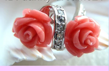 NUOSTABI 12mm rožinė/Raudona išraižytas rožių gėlių koralų žiedai