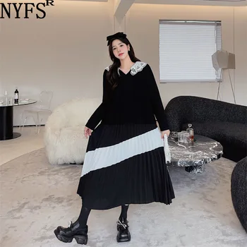 NYFS 2023 Rudens Žiemos Naujas Korėja Moteris Suknelė Vestidos Skraiste Femme Elbise Medvilnės Plius Dydis Spliced Klostes Nėrinių Iškirpte Suknelė