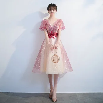 Pamergės Suknelės Iliuzija V-Kaklo, Trumpas-Line Appliques Perlai Tiulio Siuvinėjimo Nėrinių Prabanga Raudona Moterų Vestuves Suknelė E761